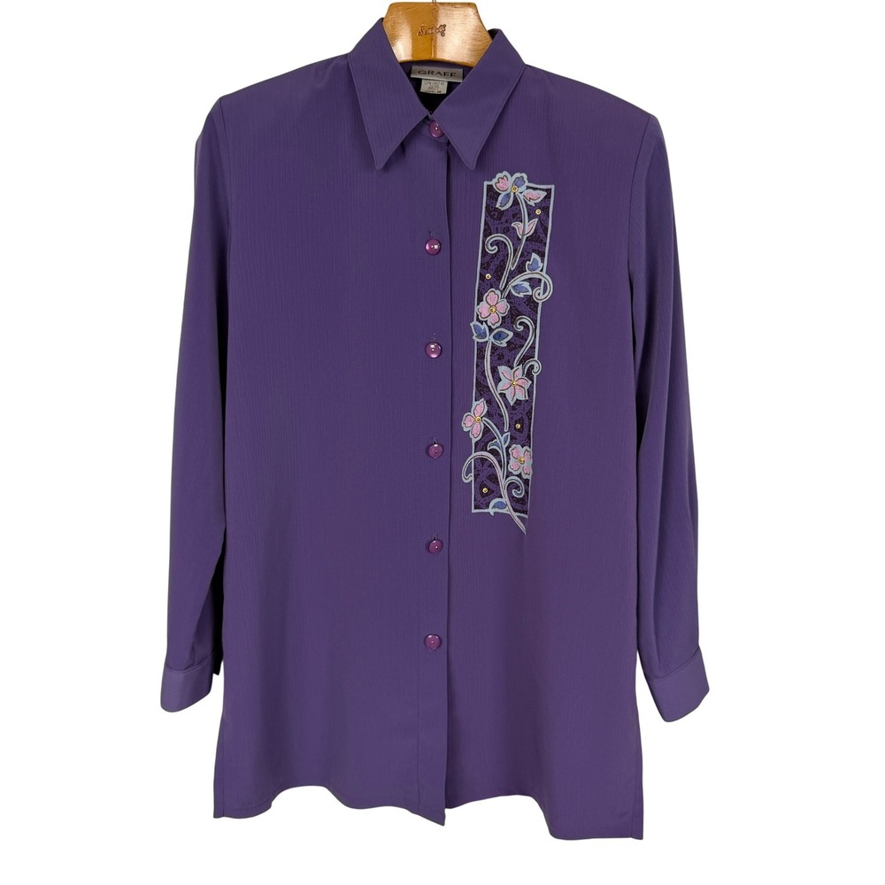 Vintage Graff Women M Purple Floral Embroidered Tunic Shirt Shoulder Pads USA